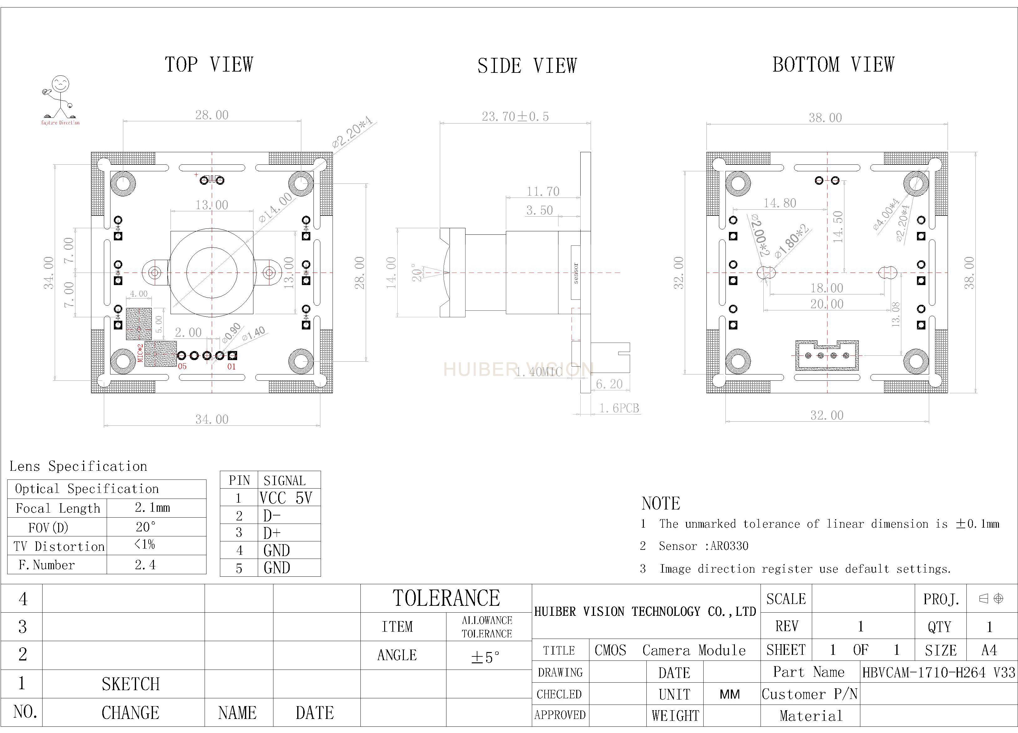 High Quality 2MP H.264 model AR0330(1/3'') Sensor High Definition Fixed Focus 4PIN 2 mega pixel CMOS Camera Module