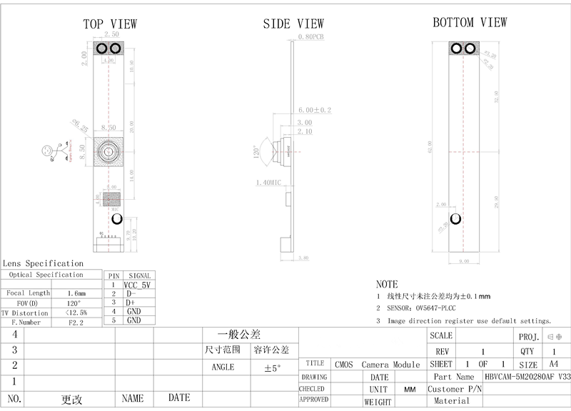 HBVCAM OV5647 5MP Auto Focus Camera Module for Kiosk Machine