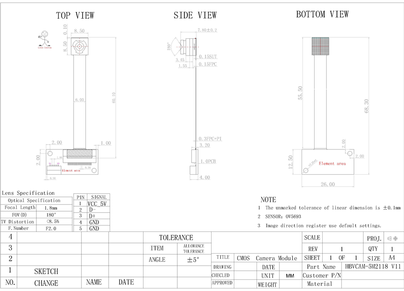 HBVCAM OV5693 5MP 2K 5 megapixel 2K soft and hard board flexible structure embedded device built-in camera module