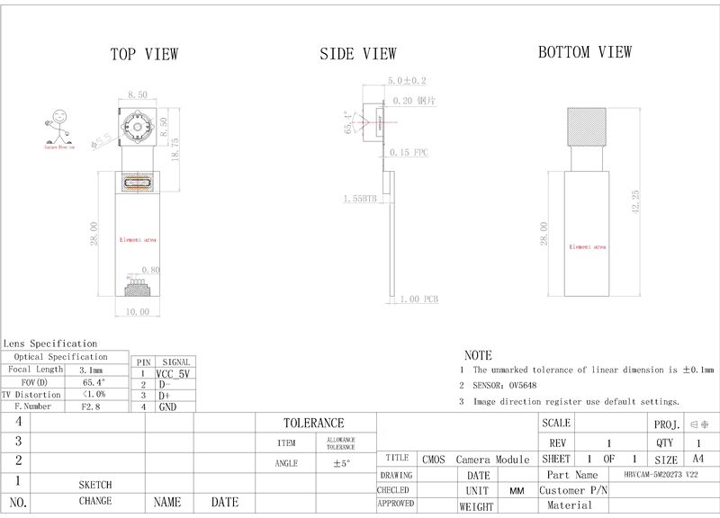 HBVCAM OV5648 5MP Small and flexible structure  Camera Module