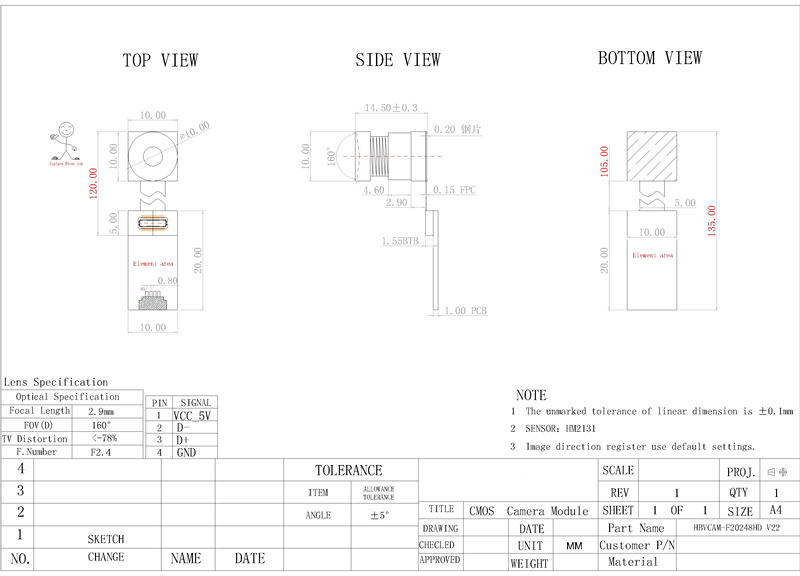 HBVCAM OV2735 1080P 30FPS Mini camera module with flexibility structure