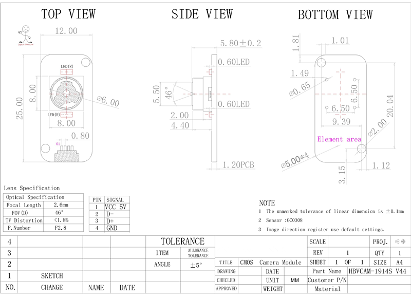 HBVCAM GC0308 0.3MP 120FPS mini  infrared camera module