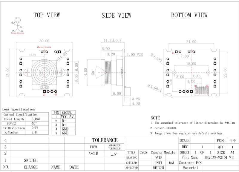 HBVCAM GC0308 0.3M Pixel HD CMOS QR Code Scanner Camera Module