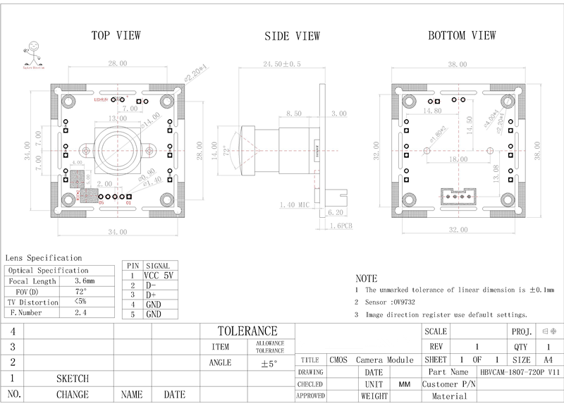 HBVCAM OV9732 1MP 720P HD USB Camera Module with OTG function