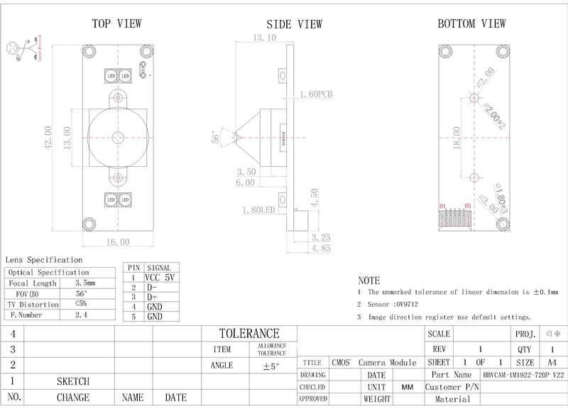 HBVCAM 1MP OV9712 HD Night Vision Camera Module with Pin hole Lens