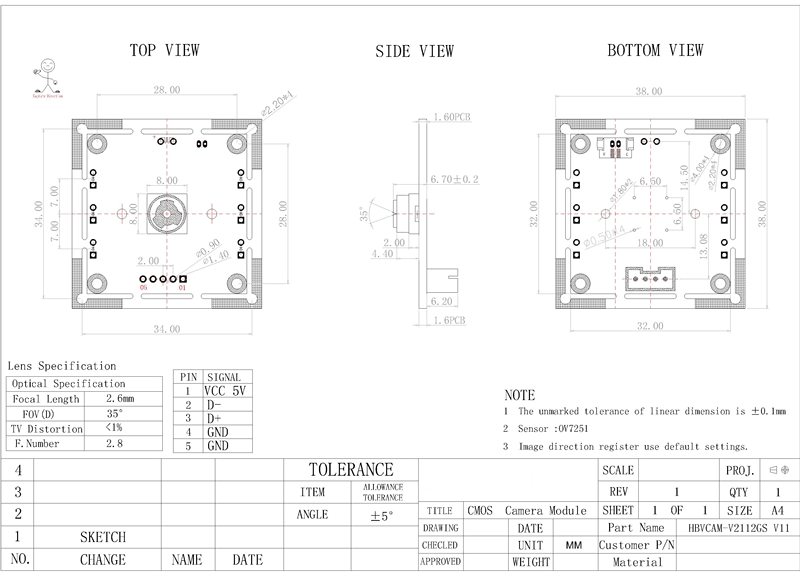 HBVCAM 0.3MP  Global Shutter Black and White High-speed Scanning  Camera Module