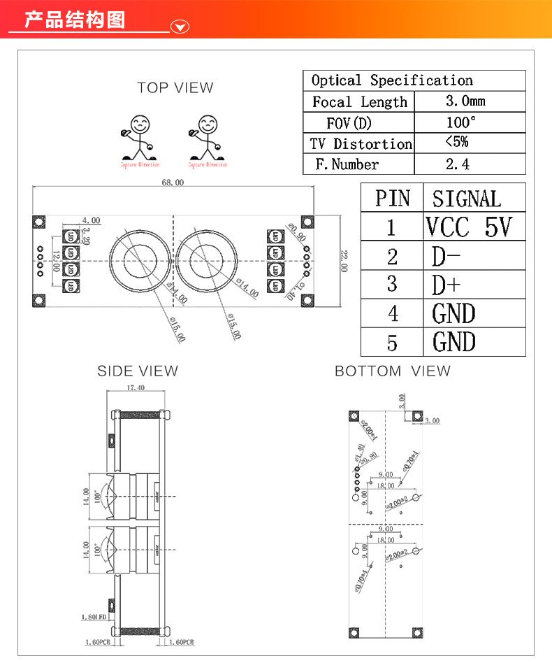 2MP 1080P USB2.0 Face Recognition Camera Module with 850nmIR Led